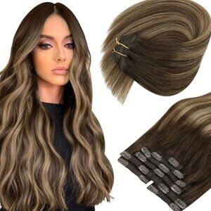 NIB Human Hair Extensions, Medium Brown to Caramel Blonde 16"